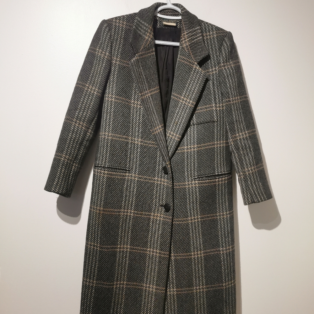 Gray Plaid Long Wool-Blend Coat - Women's Jacket